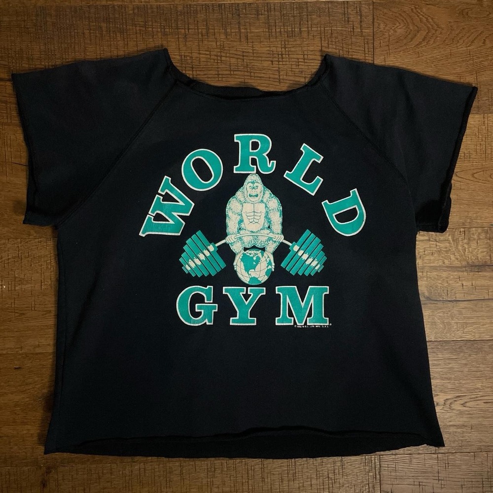 World Gym Chopped Sweatshirt Women L Black Vintage 1993 Cropped Fitness Tee